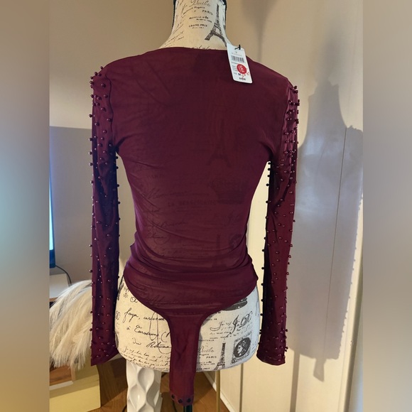 Burgundy Faux Pearl Corset Bodysuit by Windsor - Picture 5 of 7